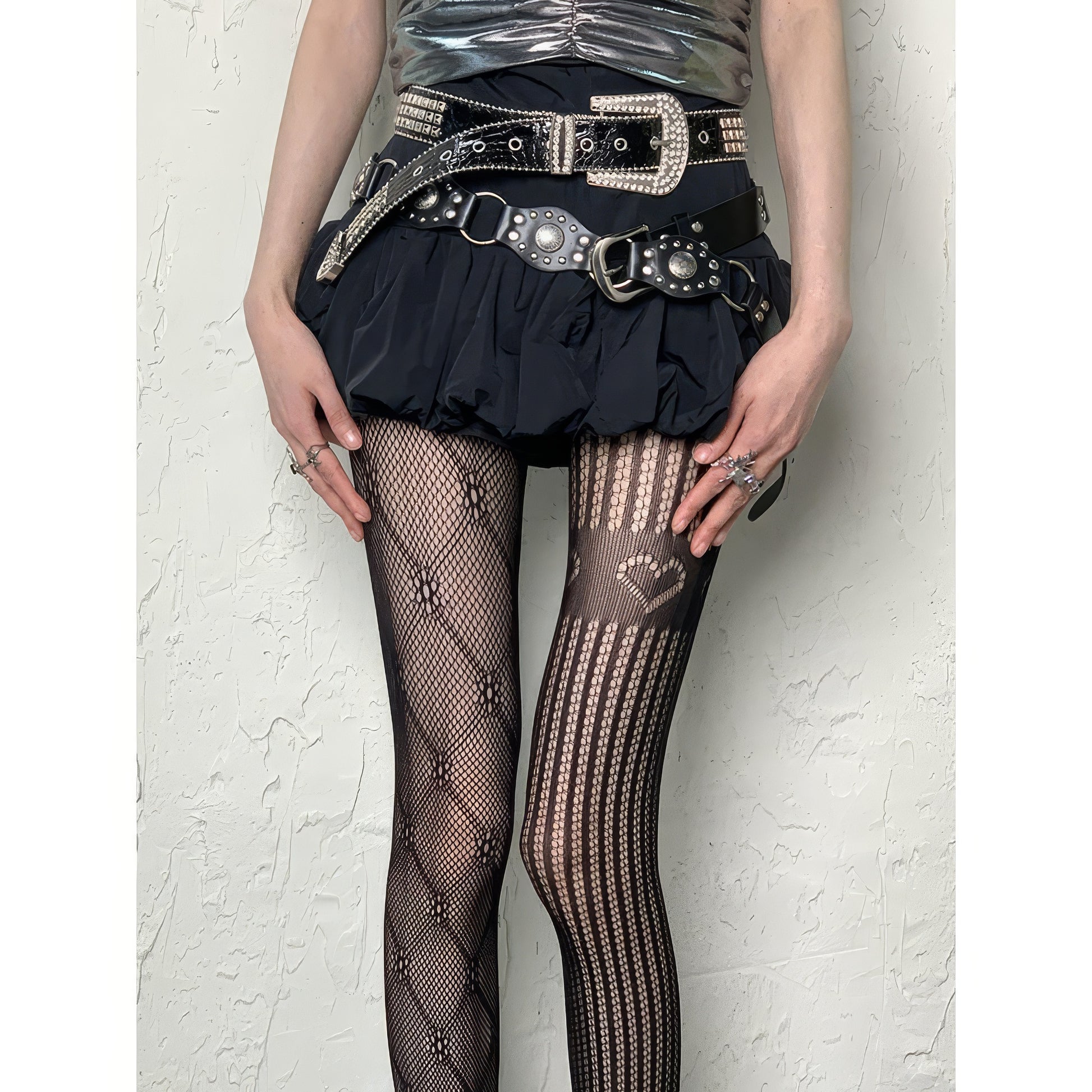 Heart Patterned Stripe Mesh Tights
