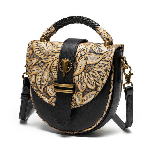Vintage Leaf Embossed Saddle Crossbody Bag