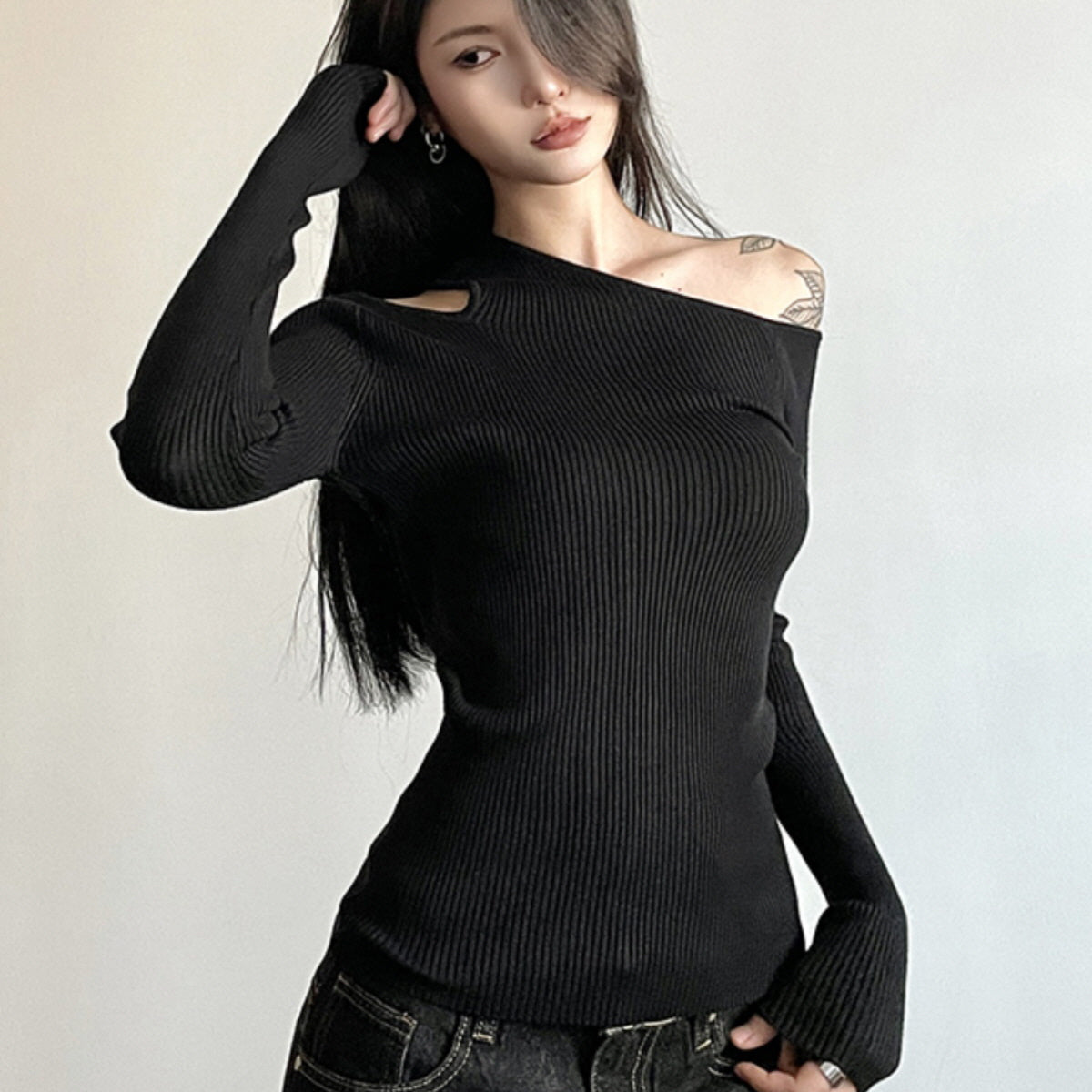 Asymmetrical Cut-Out Ribbed Top