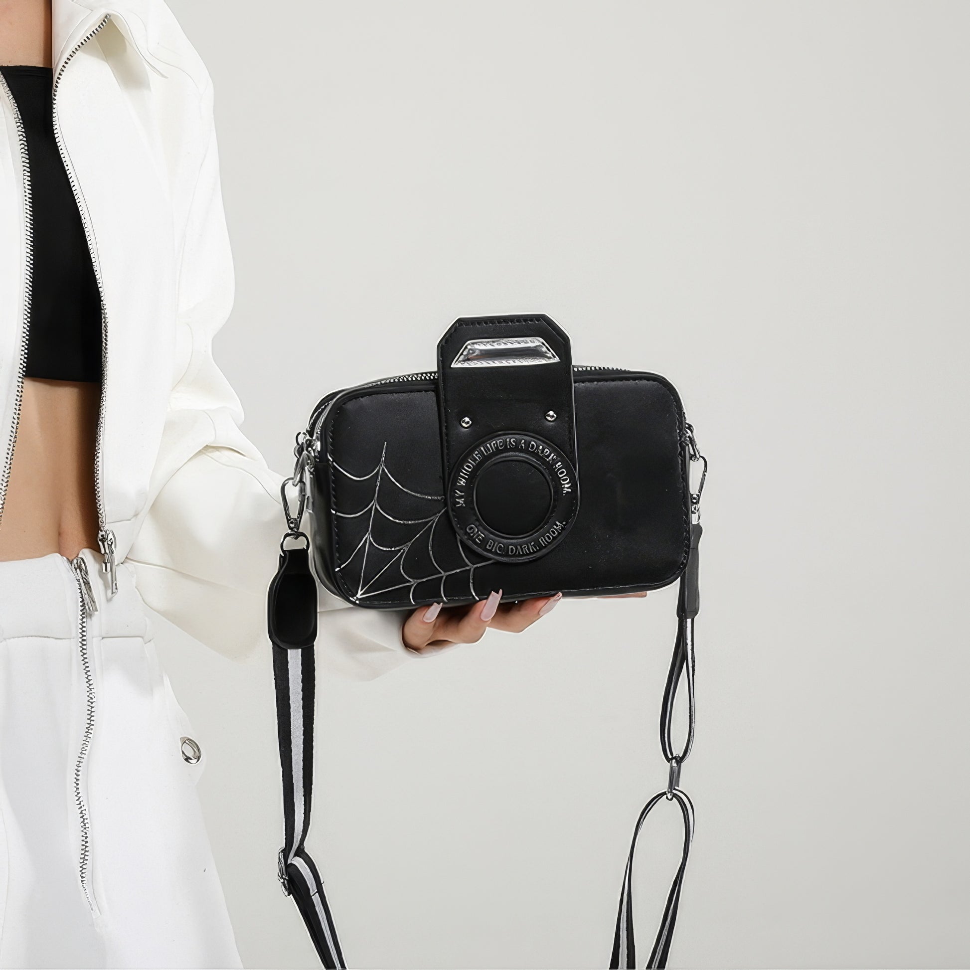 Camera Graphic Web Print Crossbody Bag