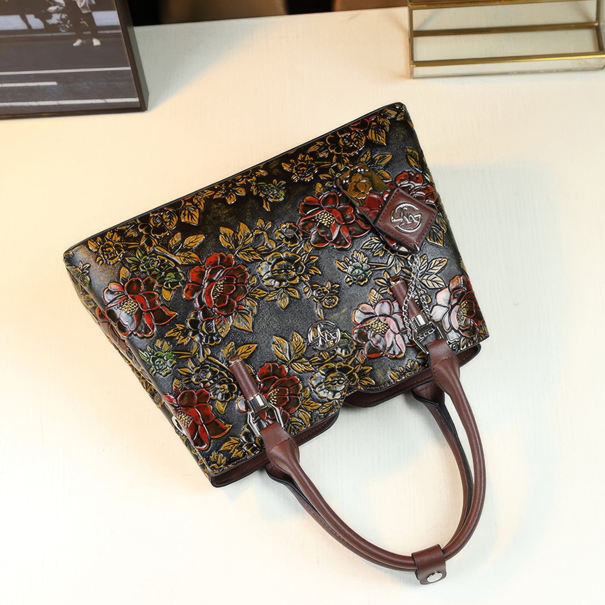 Structured Embossed Floral Shoulder Tote