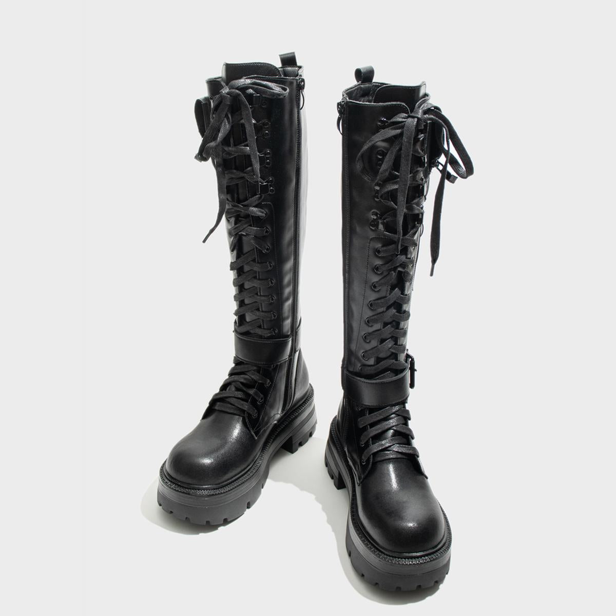 Black Spike Strap Lace-Up Knee-High Boots