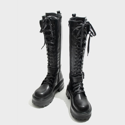 Black Spike Strap Lace-Up Knee-High Boots