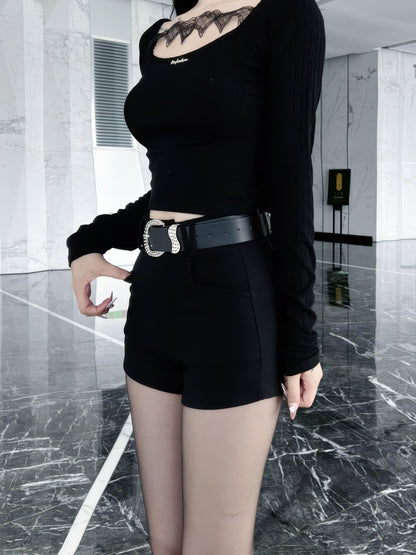 Rhinestone Buckle Black Shorts
