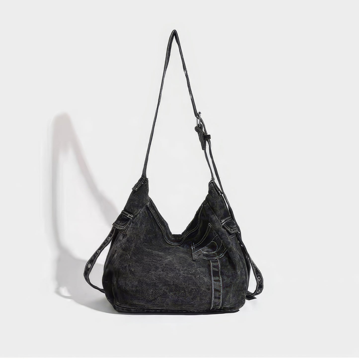 Washed Black Stitch Detail Shoulder Bag