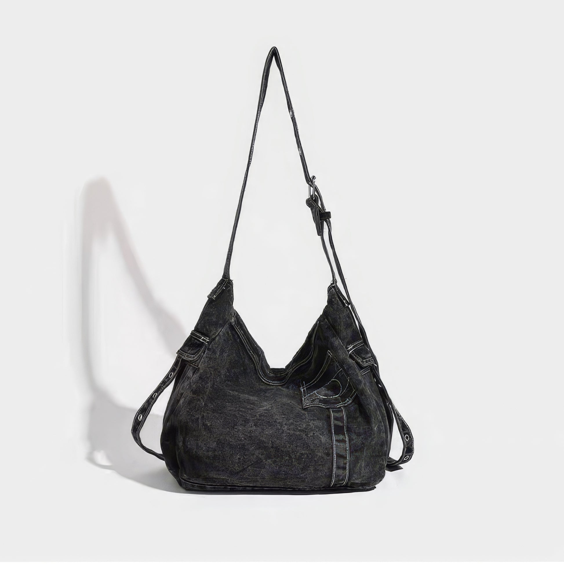 Washed Black Stitch Detail Shoulder Bag