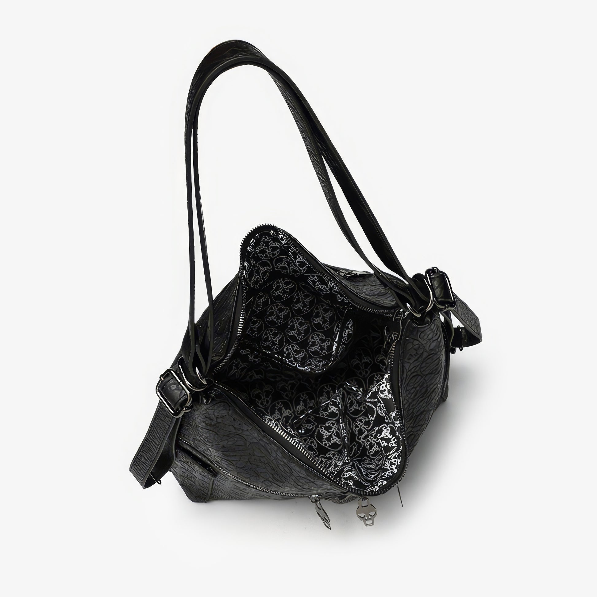 Skull Embossed Zip Detail Hobo Bag