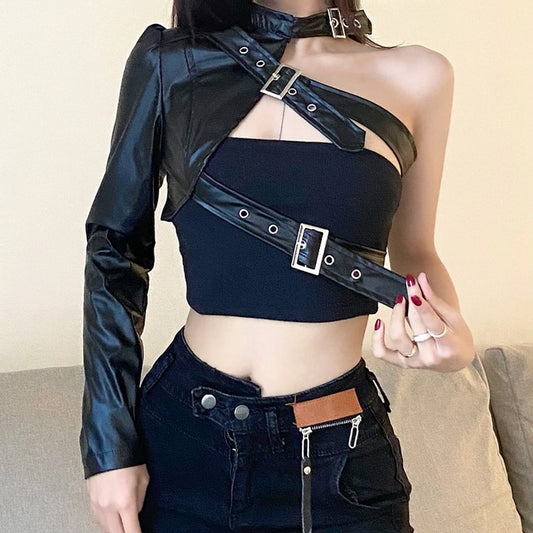 One-Sleeve Buckle Faux Leather Top