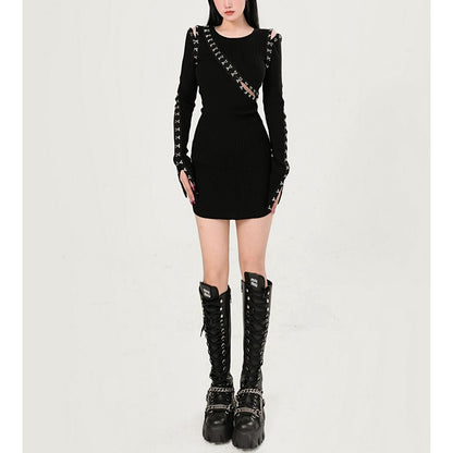 Hook Detail Cut-Out Ribbed Mini Dress