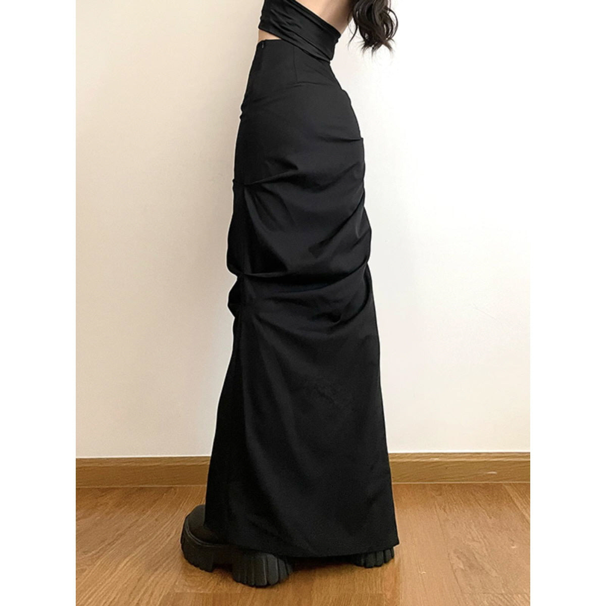 Side Ruched Slit Maxi Skirt