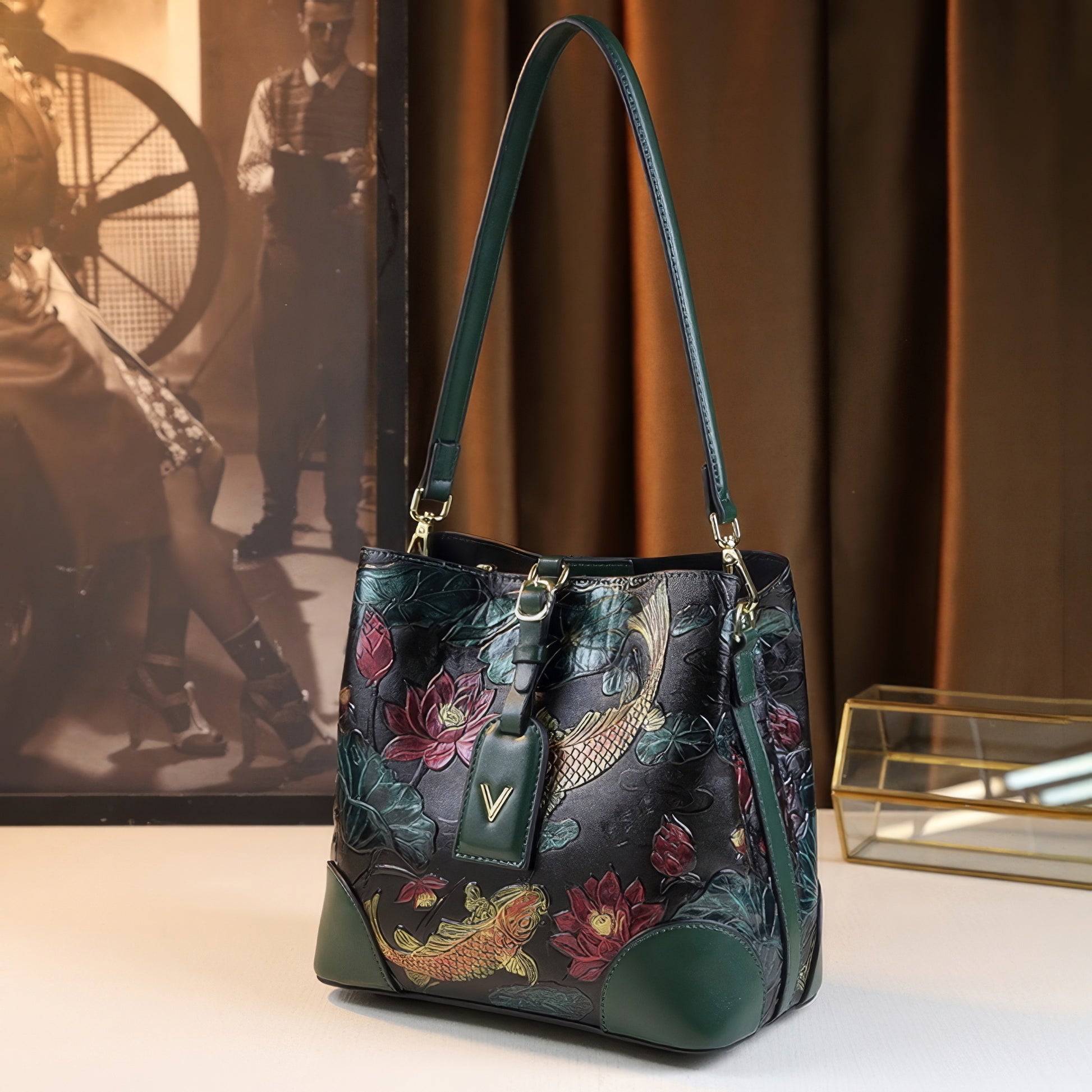 Embroidered Koi Lotus Leather Shoulder Bag