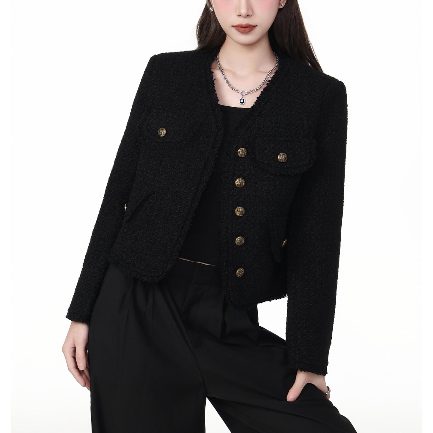 Textured Button-Up Tweed Cropped Jacket