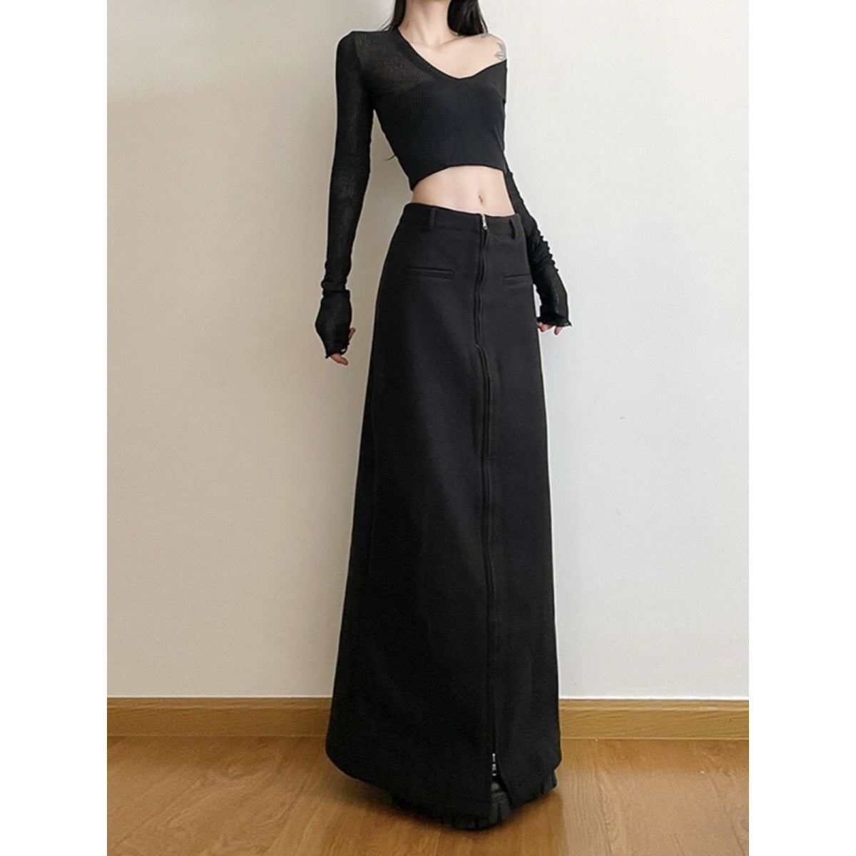 Front Zip High-Waist Maxi Skirt