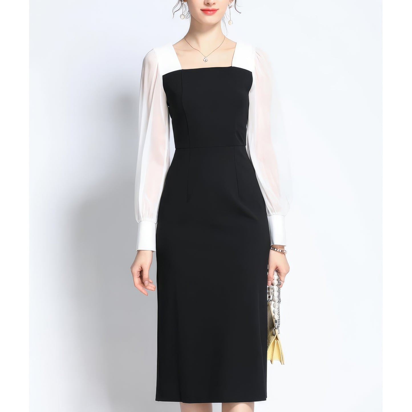 Contrast Chiffon Sleeve Square Neck Dress