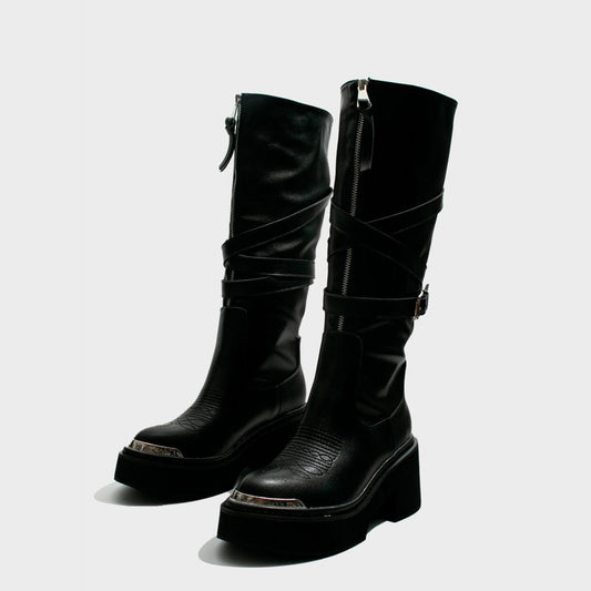 Black Fold-Over Zip Platform Boots