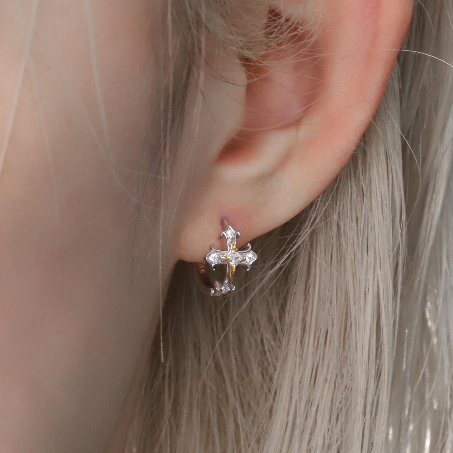Silver Cross Accent Hoop Earrings