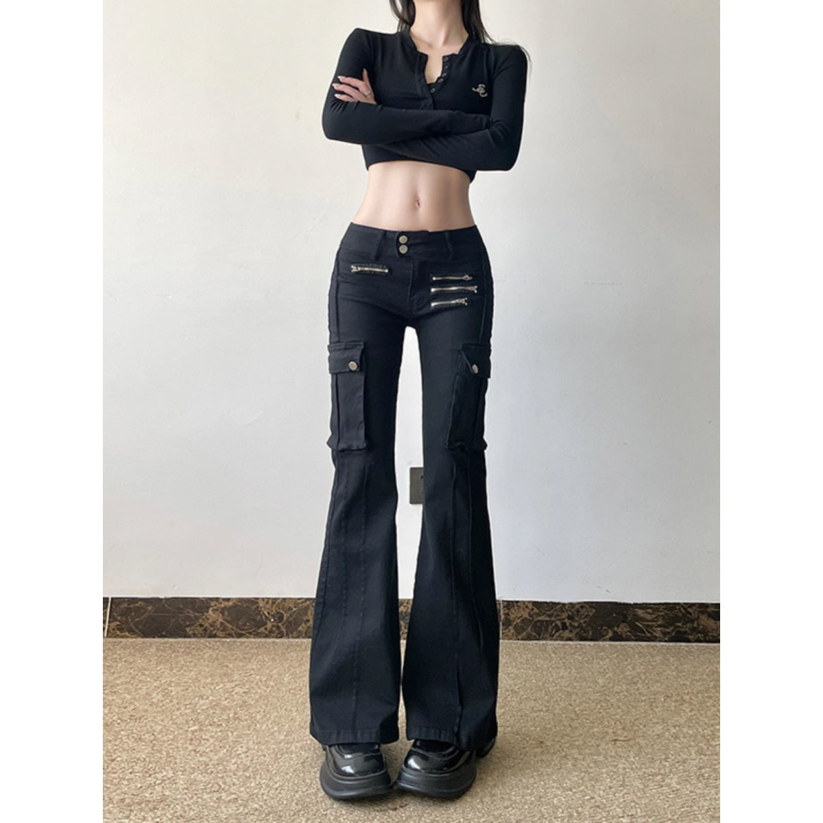 Zip Detail Flared Cargo Pants