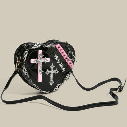 Studded Cross Patch Heart Patent Shoulder Bag