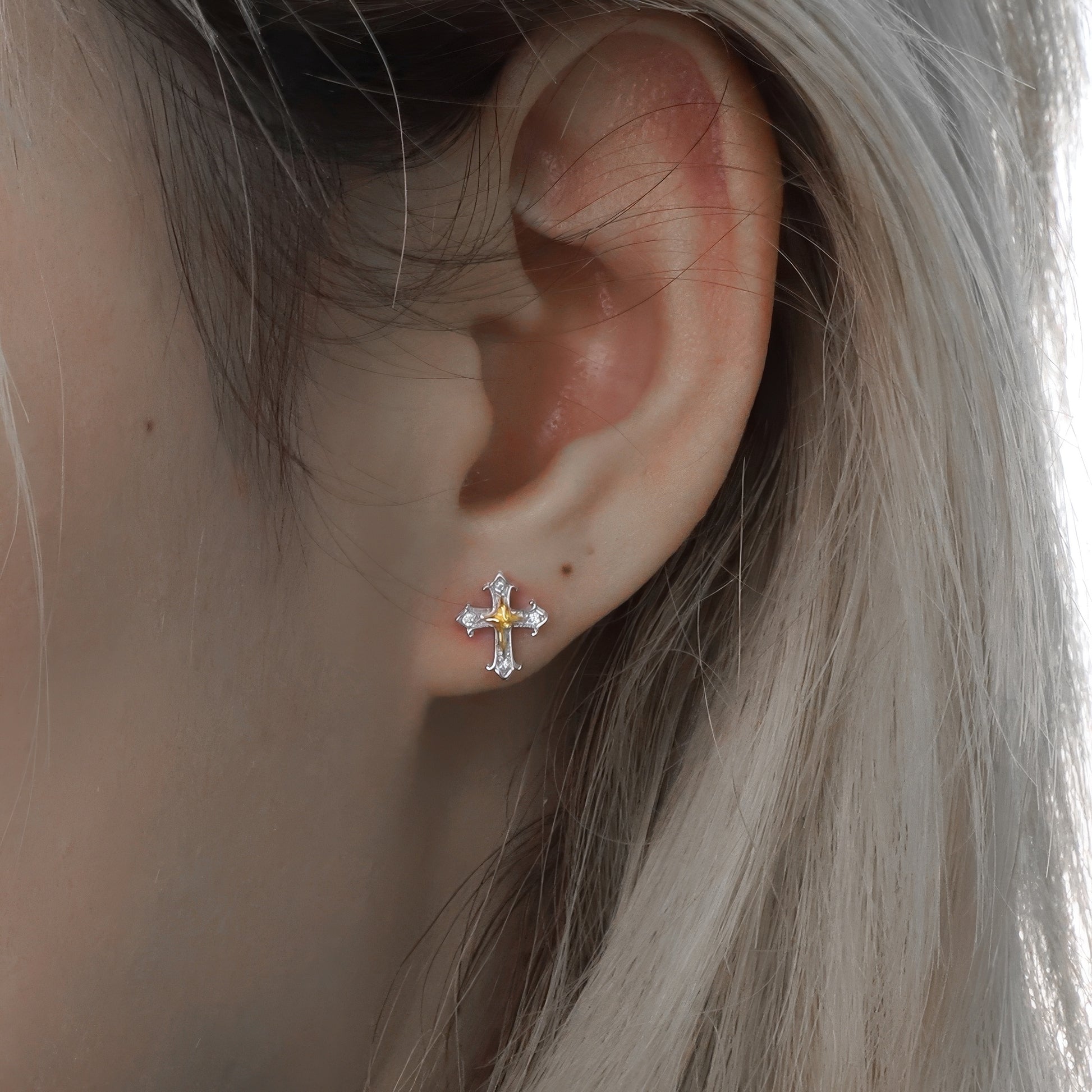 Gold Accent Silver Cross Stud Earrings