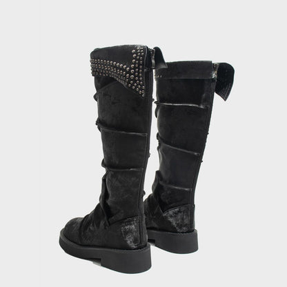 Black Velvet Studded Knee-High Boots
