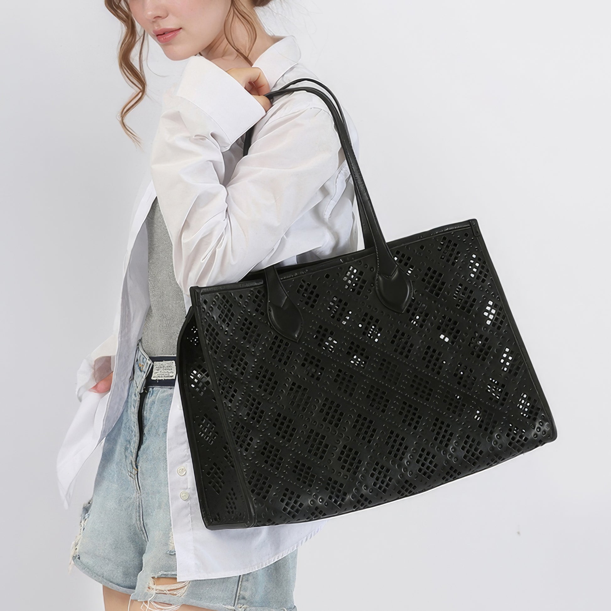 Geometric Cutout Oversized Faux Leather Tote