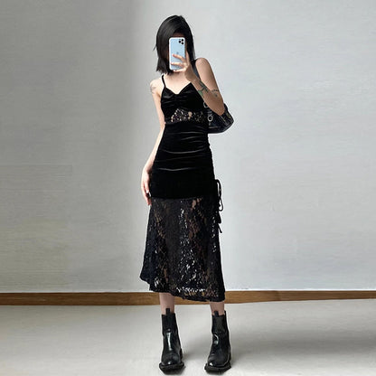 Velvet Lace Panel Midi Dress