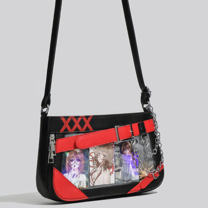 Belt Buckle Chain Detail Vinyl Shoulder Bag