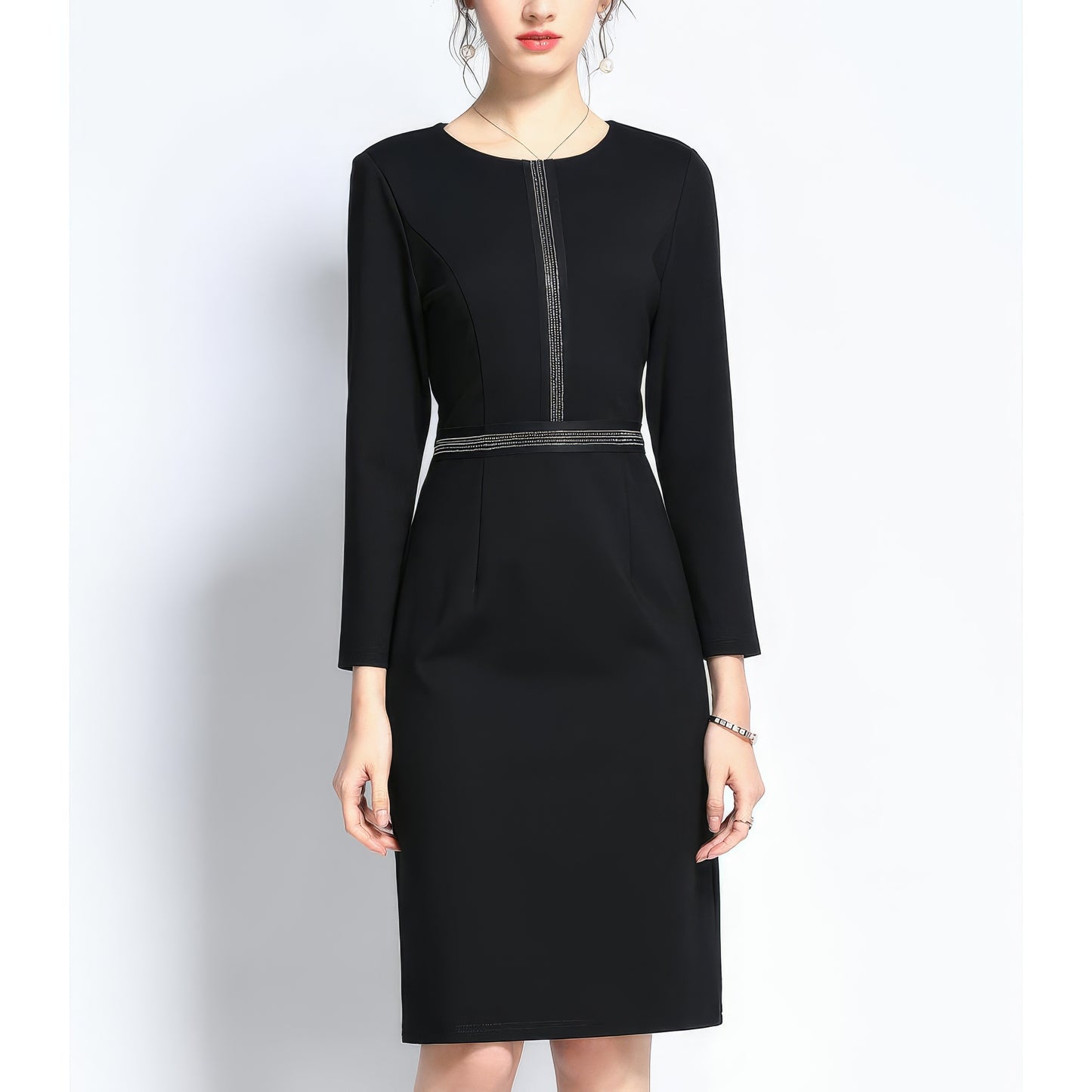 Stitched Detail Long Sleeve Black Pencil Dress