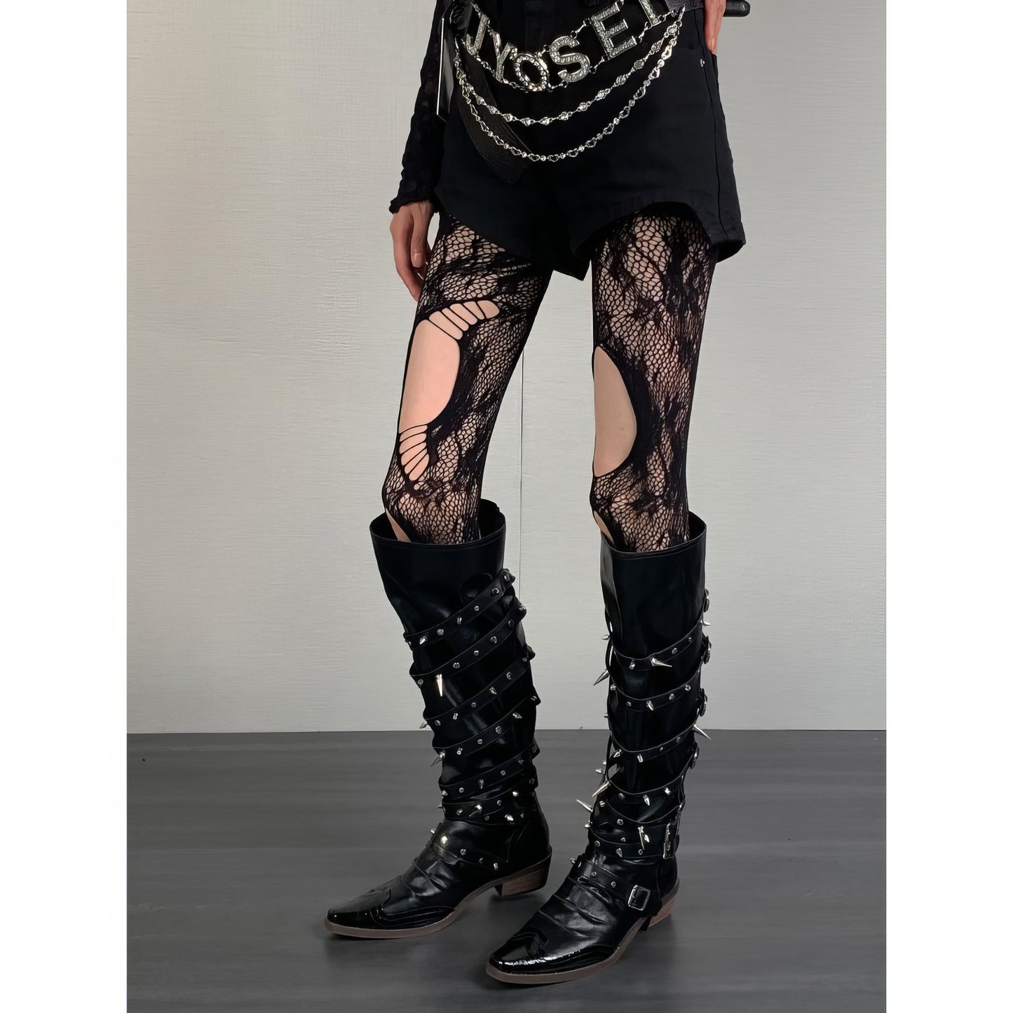 Distressed Cutout Spider Lace Tights