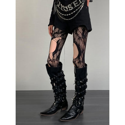 Distressed Cutout Spider Lace Tights