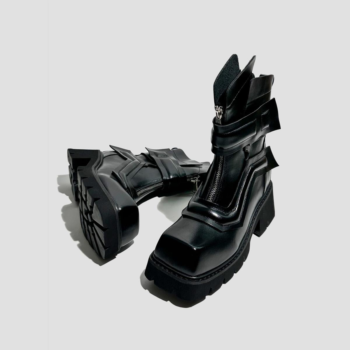 Black Futuristic Buckle Ankle Boots