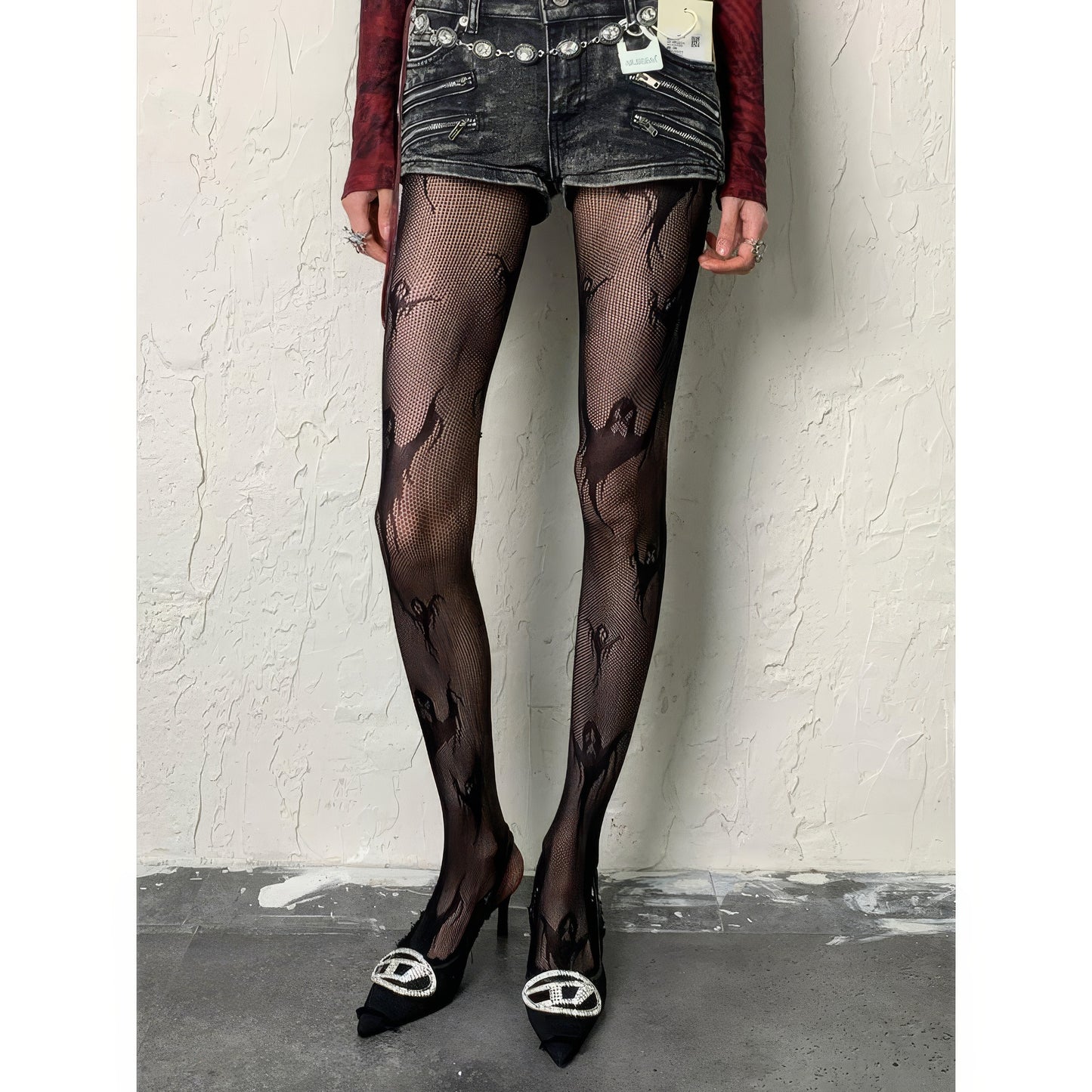 Ghost Motif Mesh Tights