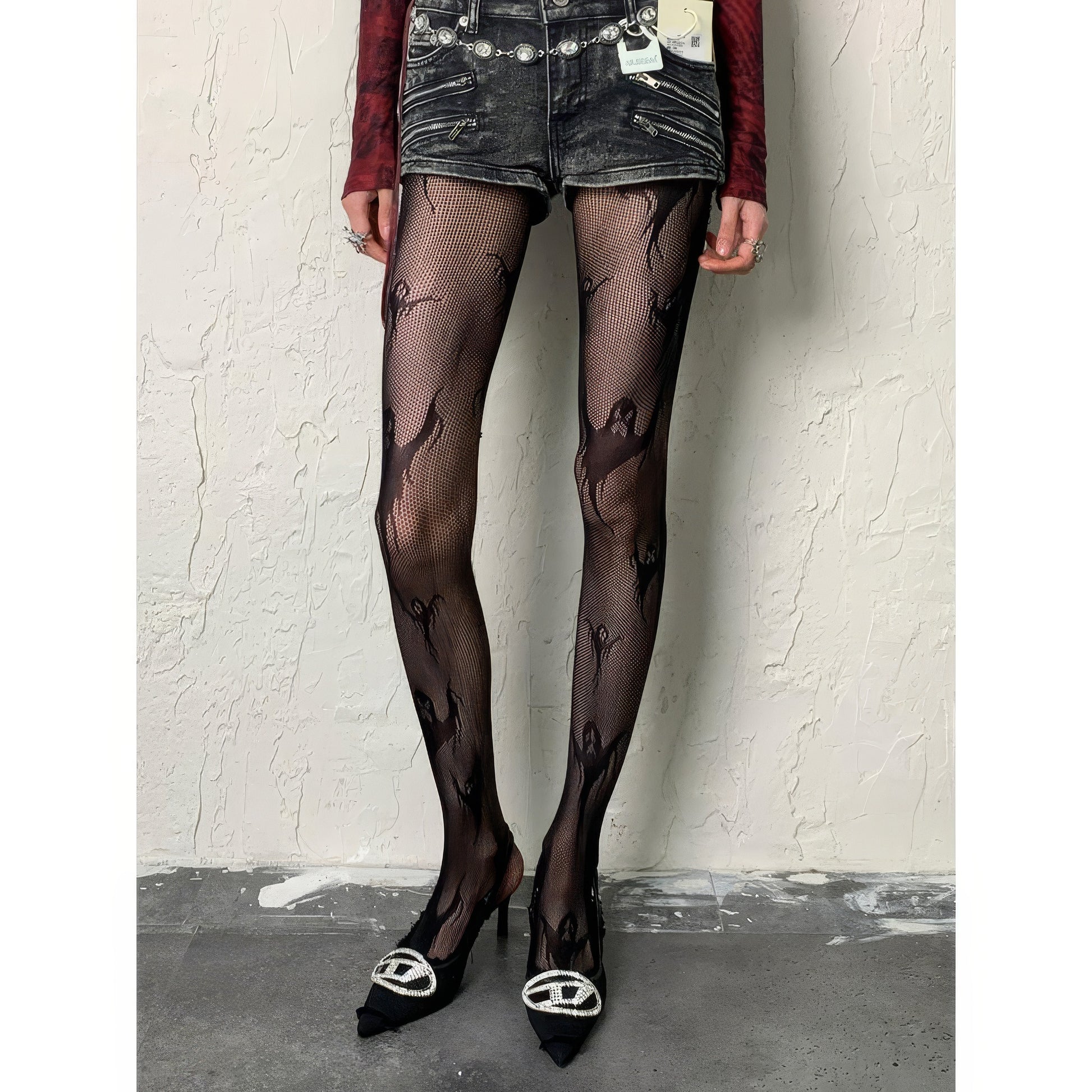 Ghost Motif Mesh Tights