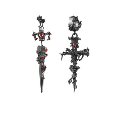 Garnet Cross Dagger Drop Earrings