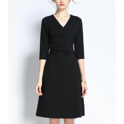 Draped Waist V-Neck Black Dress