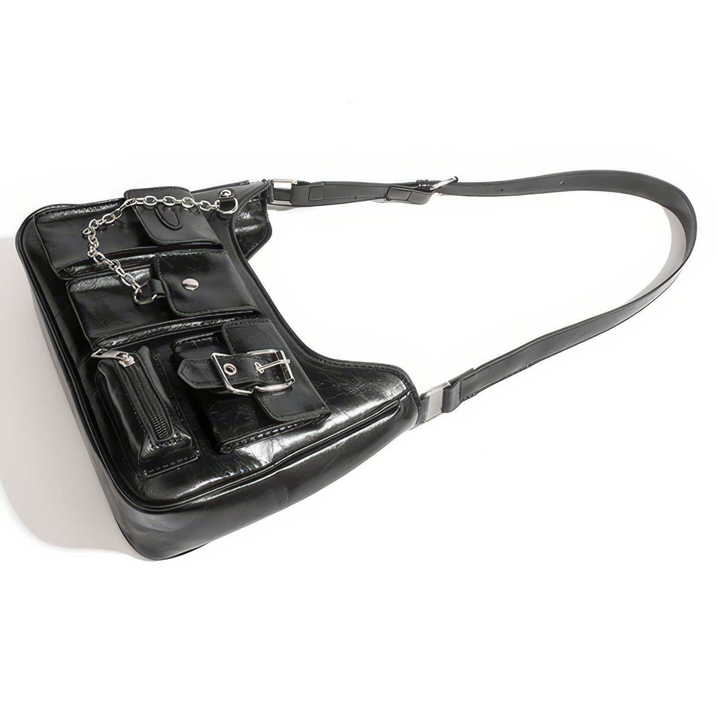 Multi Pocket Chain Accent Black Shoulder Bag