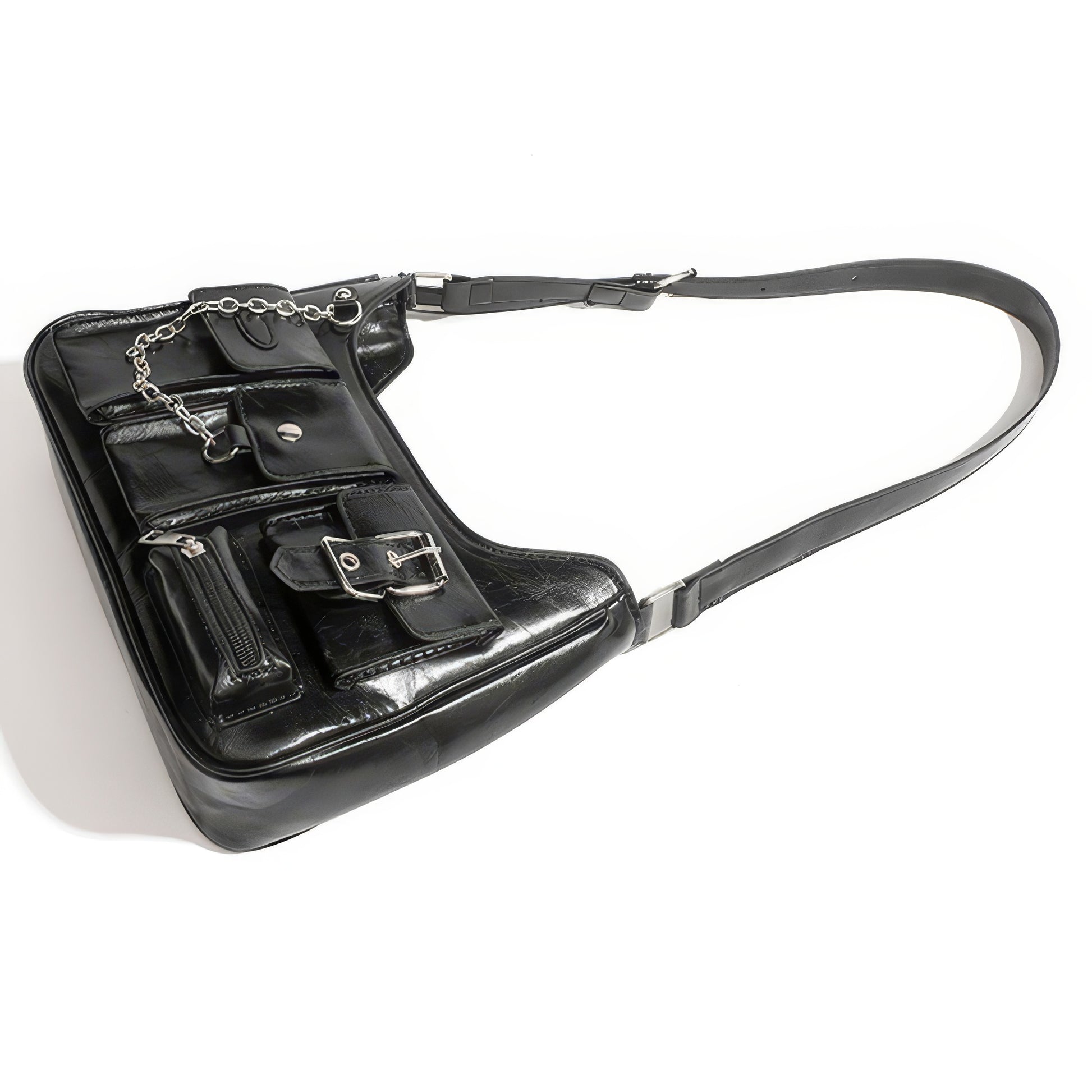 Multi Pocket Chain Accent Black Shoulder Bag