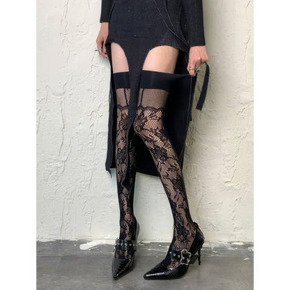 Floral Lace Mesh Hold-Up Stockings