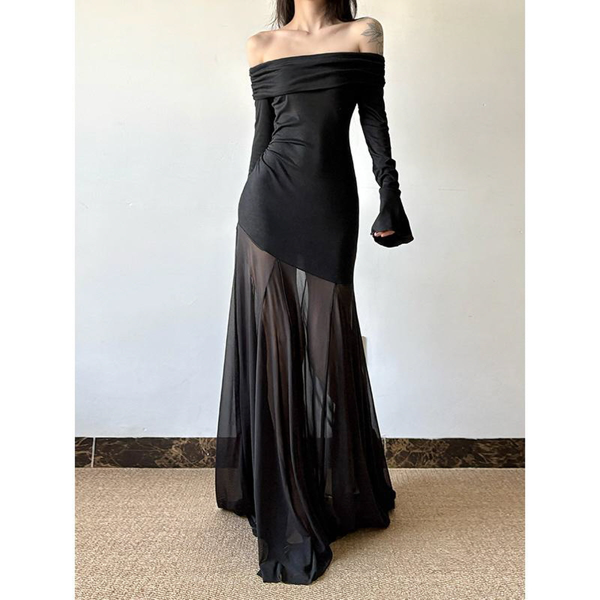 Sheer Panel Off-Shoulder Maxi Dress