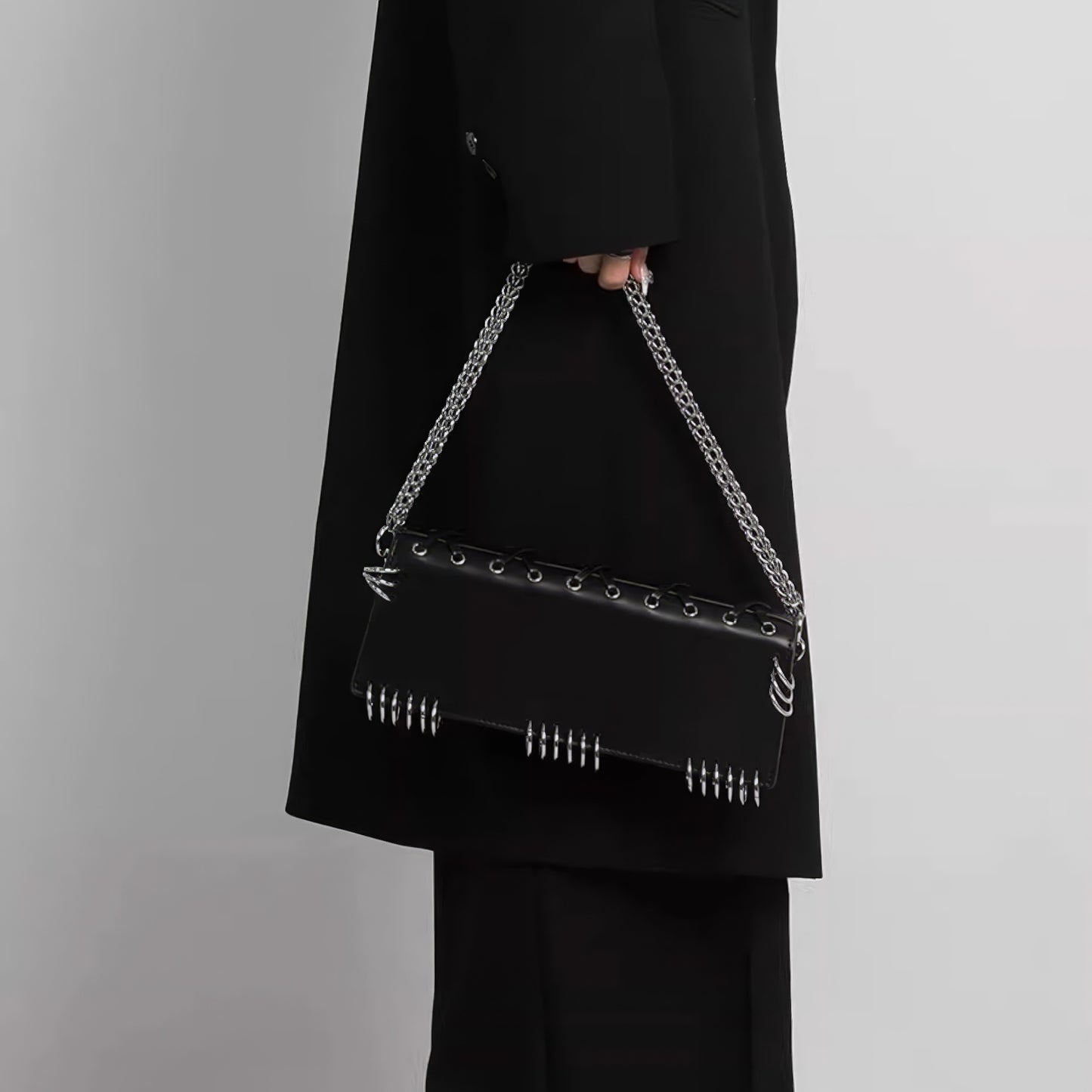 Metal Ring Lace-Up Faux Leather Bag