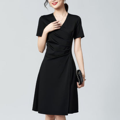 Ruched Waist V-Neck Black Dress