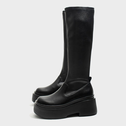Black Stretch Platform Knee Boots