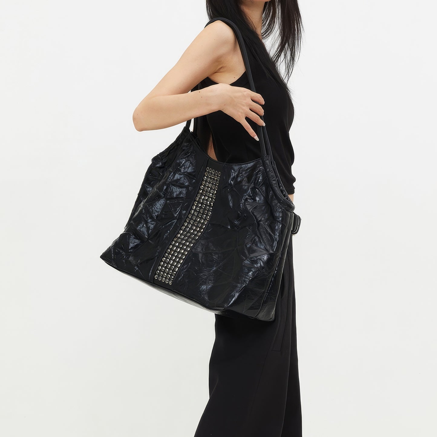 Crinkled Patent Studded Shoulder Bag