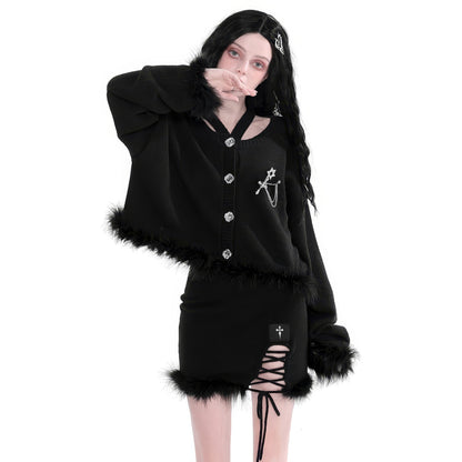 Faux Fur Trimmed Knit Crop Cardigan