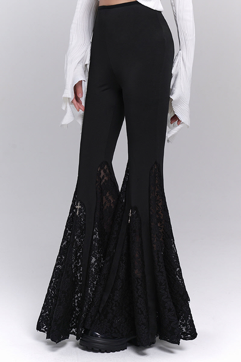 Black Lace Panel Flare Pants