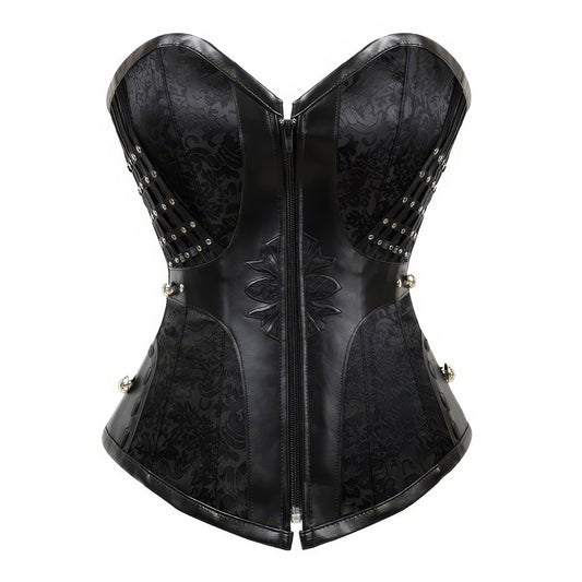Black Faux Leather Studded Brocade Corset