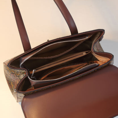 Embossed Vintage Floral Brown Handle Bag
