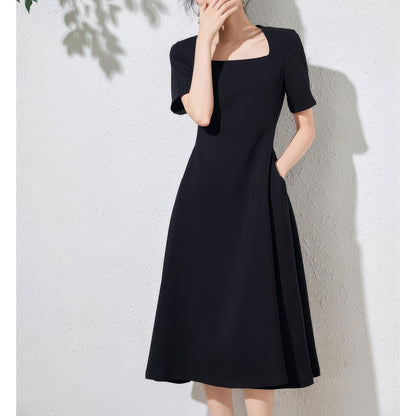Square Neckline Black A-Line Dress