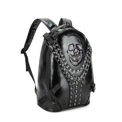 Embossed Skull Studded Leather Backpack
