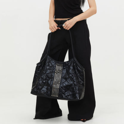 Crinkled Patent Studded Shoulder Bag